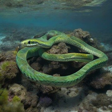  Green snake in the water