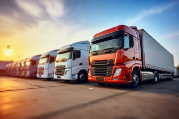 Fleet of white trucks at sunrise in parking lot