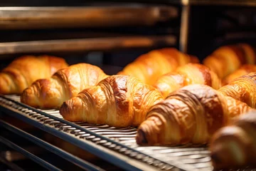 Schilderijen op glas Shiny croissants lined up in bakery oven © Photocreo Bednarek