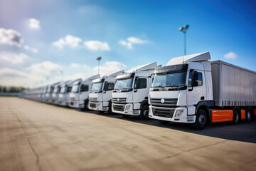 White semi trucks with trailers in distribution lot - obrazy, fototapety, plakaty