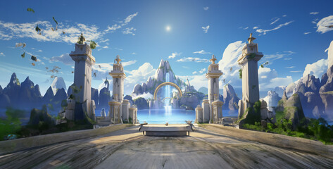 panorama of the mountains, castle background on mountain, castle on mountain, gaming background,...