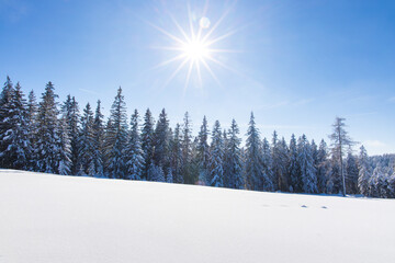 Majestic winter landscape in Austria with deep snow, sunshine and blue sky - obrazy, fototapety, plakaty