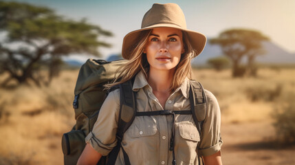 Woman tourist on expedition tour in Africa.
