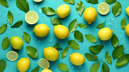 Lemon colorful background. Fresh raw whole lemons, half, slice and leaves with water drops, creative composition. Summertime concept, fashionable pattern layout, overhead shot - obrazy, fototapety, plakaty