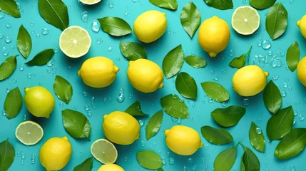 Tuinposter Lemon colorful background. Fresh raw whole lemons, half, slice and leaves with water drops, creative composition. Summertime concept, fashionable pattern layout, overhead shot © Happy Lab