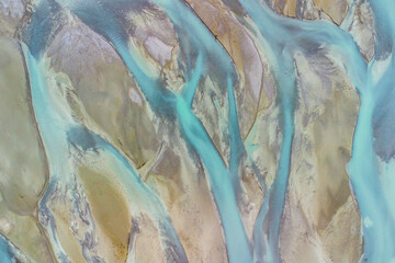 Aerial view of a glacial river bed from above. Fascinating pattern created by mother nature. Useable as wallpaper background