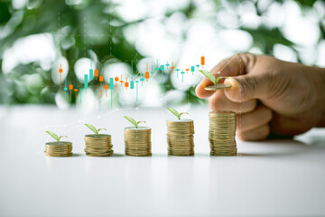 Concept of green business, finance and sustainability investment. Stack of silver coins the...