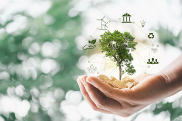 Sustainable global business investment in environment, social, governance (ESG) and CSR concept in clean industry with volunteer hands holding world green tree. ESG, Co2, NetZero. - obrazy, fototapety, plakaty