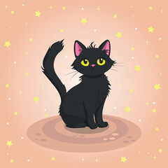 Cute cartoon black cat sitting on the rug. Vector illustration. 