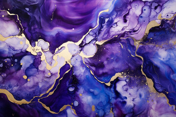 An intricate alcohol ink artwork displaying swirling patterns of deep amethystsilverand midnight bluereminiscent of a mystical night sky.