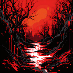 Surreal Horror Splash Pattern: Distorted River Scene with Dripping Red and Black Ink, Hand-Drawn Style