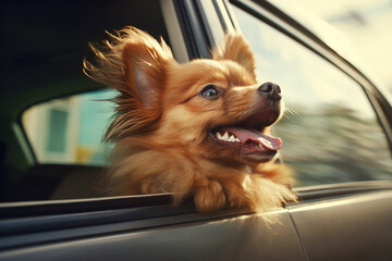 Funny dog leaning out into open car window. 