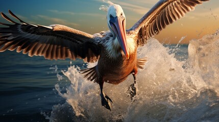 A pelican diving into the sea, creating a splash as it hunts for fish. - obrazy, fototapety, plakaty