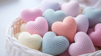 Colorful knitted hearts in the basket. Valentine's Day or Mother's Day concept - obrazy, fototapety, plakaty