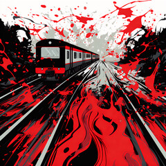 Dystopian Train Illustration: Surreal Horror Splash Pattern with Red and Black Ink Drips