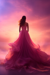 Fototapeta na wymiar back view of a pretty young woman wearing a long flowing pink dress - back view - full view - vibrant fantasy warm pink sunset sky - fantasy pink dress - ethereal pink clouds - long brunette hair