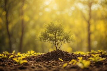 Sunlight in the forest. Tree on yellow nature background. Save forests concept