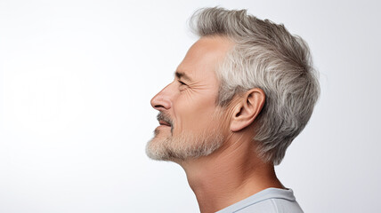 side view of a middle aged man on white background