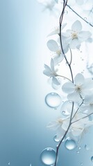 White flowers bloom in a soft haze, an interplay of flora and vapor. Calm delicate watercolor shades. The beauty of nature. Painted picture drawn with colors. Vertical banner