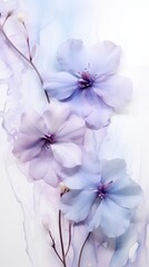 Blue and violet flowers bloom in a soft haze, an interplay of flora and vapor. Calm delicate watercolor shades. The beauty of nature. Painted picture drawn with colors. Vertical banner