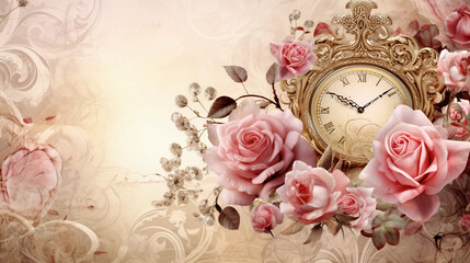 vintage background with roses and clock