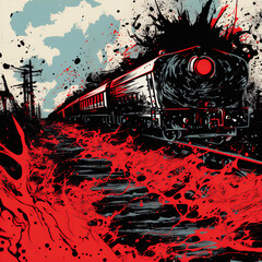 Distorted Train in Red and Black Ink: A Surreal Horror Splash Pattern