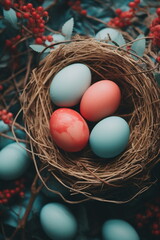Fototapeta na wymiar Pastel Red and Blue Easter Eggs in a Bird's Nest on Blurred Red Background with Blue Eggs and rowanberries. Top View Easter Composition with Copy Space. Happy Easter Concept for Banner