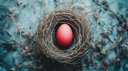 Single Red Easter Egg in a Bird's Nest on Blurred Blue Background with Branches. Happy Easter...