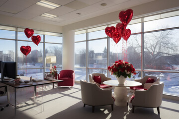 Office space decorated with red balloons to the Saint Valentine's Day 