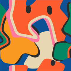 Abstract background, doodle pattern with different shapes and textures. Seamless ornament, simple modern design, bright template for printing. Psychedelic illustration in retro style.