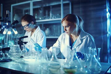 Two female scientists in white clothes conducting chemical experiments in the laboratory