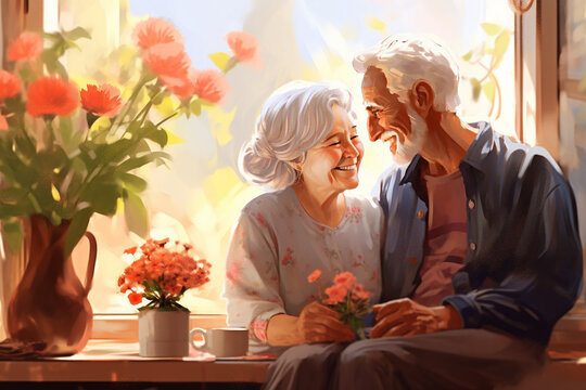 Elderly senior smiling loving couple sitting near the window with flowers during the sunny day