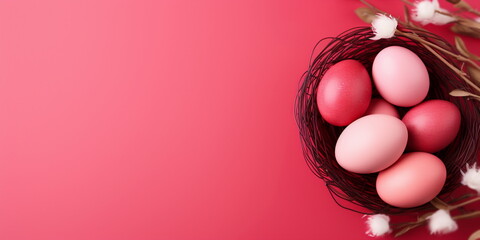 Pastel Red Easter Eggs in Bird's Nest on Crimson Red Background with Cotton Branches. Top View Easter Composition with Copy Space in Flat Lay Minimalist Style. 