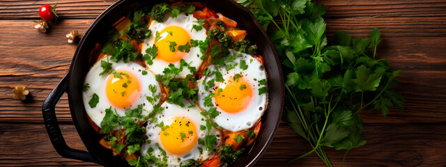 fried eggs with vegetables and herbs. Selective focus.