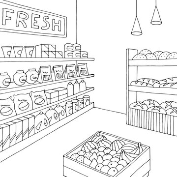 Grocery interior store shop black white graphic sketch illustration vector 