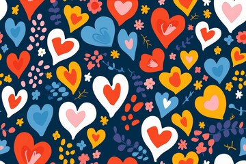 riso style seamless pattern with hearts and flowers, vibrant colors