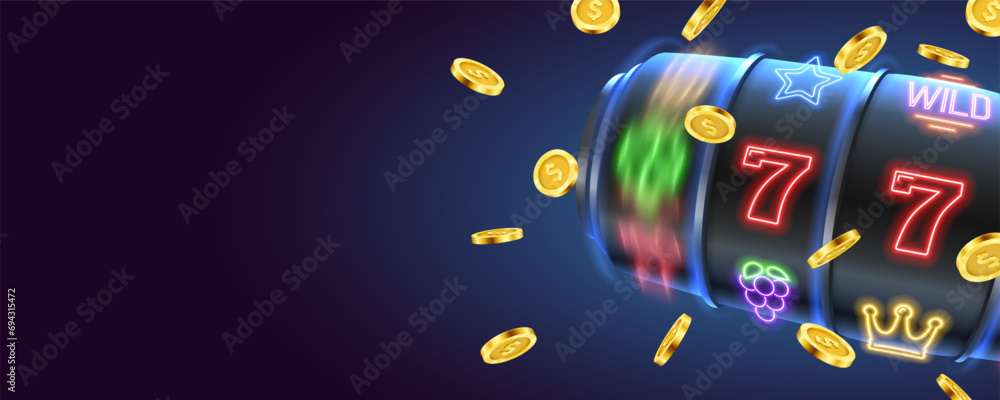 Wall mural slot machine with golden coins. lucky seven on slot machine. vector illustration.