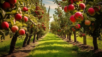 An orchard full of apple trees, branches heavy with ripe fruit.