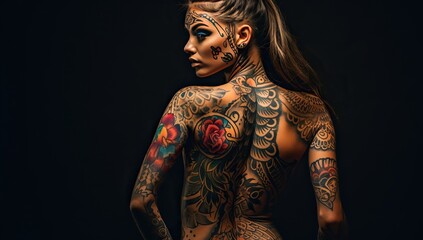 A woman with full body tattoos in a pose displaying various designs and patterns against a dark background. The concept of nonstandard appearance. - obrazy, fototapety, plakaty
