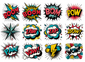 A collection of classic comic book style expressions and sound effects. Each encased in a unique burst or speech bubble, designed with bold letters and vibrant colors.