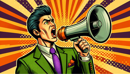 A vivid, pop art-inspired illustration featuring a man in a green suit, shouting into a megaphone. His expression is intense and animated, with exaggerated lines indicating his loud voice.  - obrazy, fototapety, plakaty