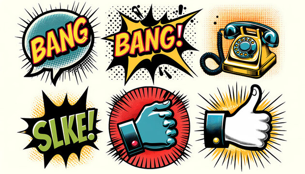 Various classic pop art icons, including speech bubbles with the words "BANG" and "SLIKE!" in bold, stylized lettering, and a thumbs-up hand gesture