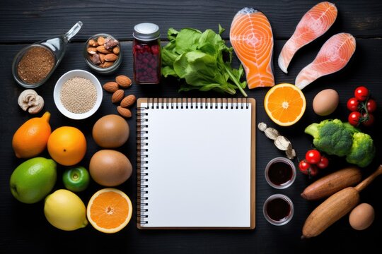 Diet concept composition with empty notebook