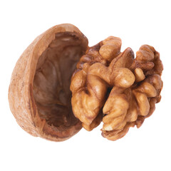 Open walnut nut and shell in PNG isolated on transparent background