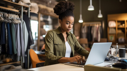 Young American woman checks stock with laptop at her clothing store - obrazy, fototapety, plakaty