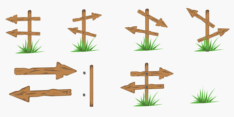 wooden signs with green grass. scenographer of arrows for any purpose. Abstract template with wooden signs.