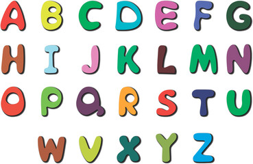 English alphabet. Cartoon font with colored letters and shadow. Multi-colored capital letters on a transparent background. 