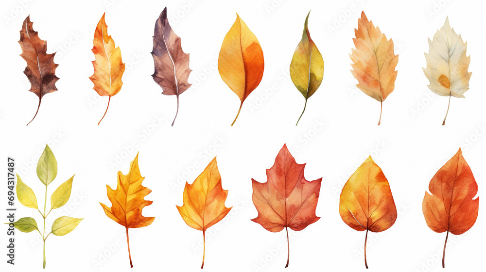 Sticker set of watercolor autumn leaves isolated on white background