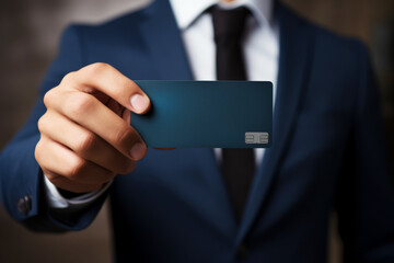 Cropped portrait of a businessman in a dark formal suit and tie, holding a bank card in his hand in front of him. Successful entrepreneur uses a credit card. Cashless payment concept. Mockup.