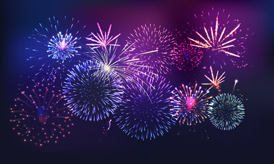 Colorful fireworks vector background with bokeh. Abstract New Year background with space for text. Realistic fireworks isolated background.